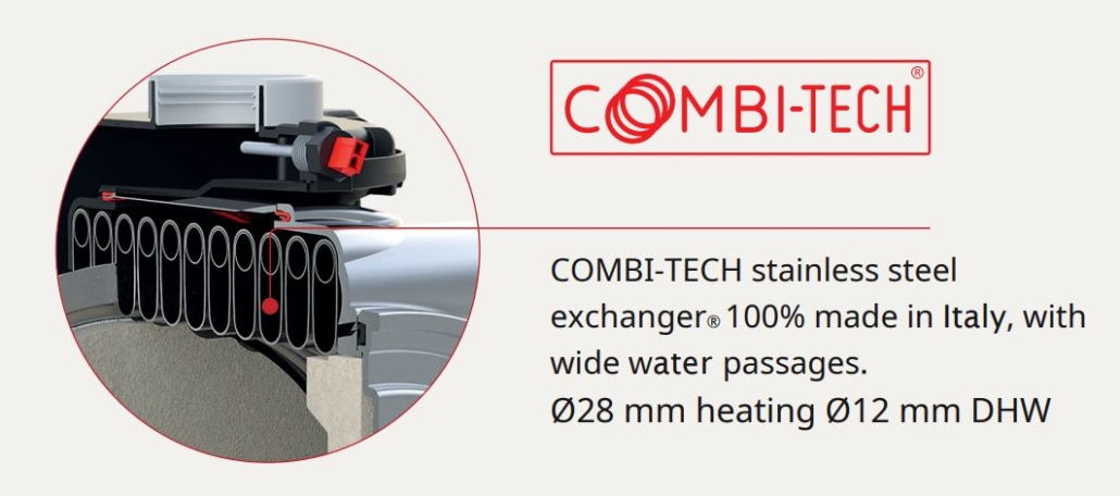 combi boiler heat exchanger manufactured in stainless steel with large water ways to prevent blocking
