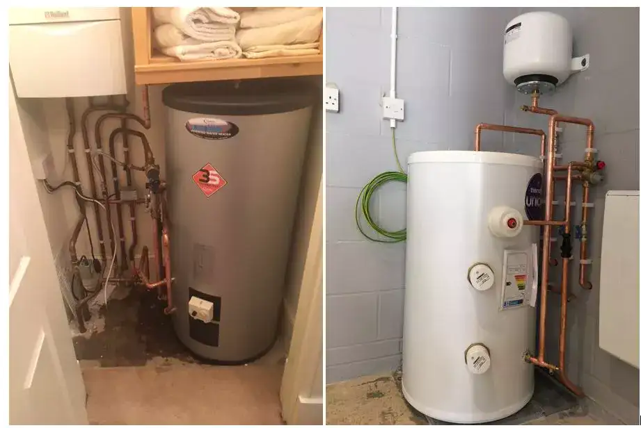 space saving installation of an unvented water heater or calorifier