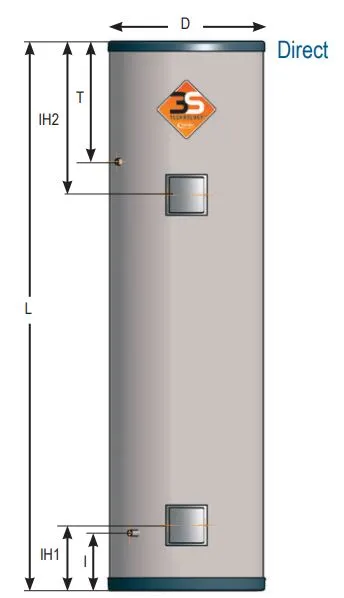 Unvented direct hot water cylinders in duplex stainless steel dimensions Flexiheat UK; hot water cylinders or hot water system with temperature and pressure relief valve; unvented direct cylinders
