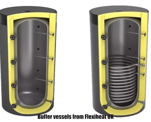 Buffer vessels which are a thermal store for storing heating hot water or domestic hot water or cooling water from biomass boilers or solar hot water systems or chillers from Flexiheat UK