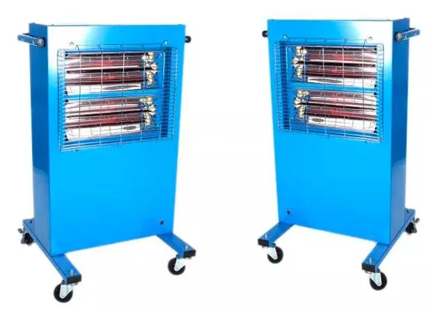 Portable or mobile infrared heaters which use a quartz heater to produce a comfortable temperature using an electric heater with a power rating of either a 1.6kw or 3kw radiant heater