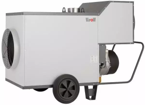 Mobile diesel space heater powered by gas oil with high fuel efficient combustion and can be used with an air duct the M range from Flexiheat UK