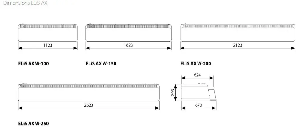 Elis AX air curtain dimensions, that can be used with energy saving Mitsubishi electric air conditioning from Flexiheat UK