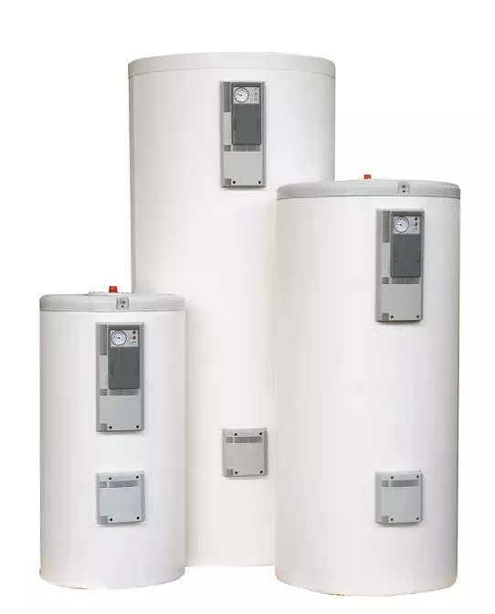 Twin coil cylinders or hot water tanks which are hot water storage cylinders that often use a zero or low carbon energy source such as solar energy or a heat pump system – either an energy-efficient air source heat pump or ground source heat pump to heat the hot water tank via the lower heat exchanger and a boiler for the upper heat exchanger. This way you are achieving decarbonisation or a low-carbon domestic hot water system. The units have a white case finish