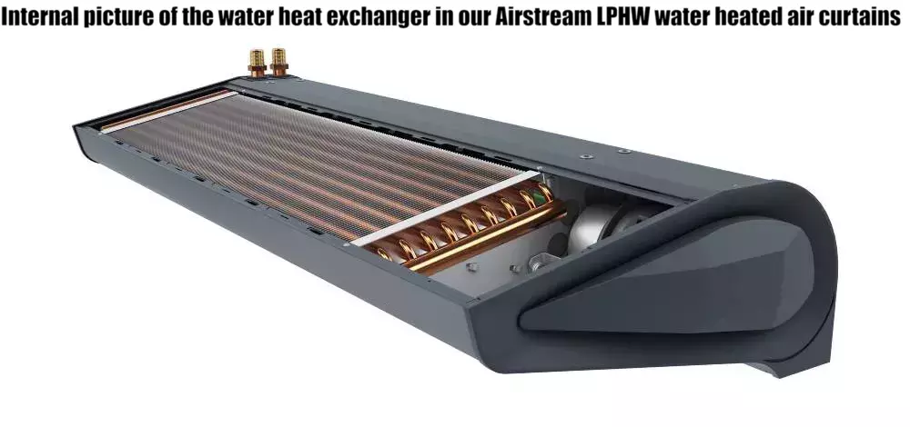 Internal picture of the water heater exchanger in our Airstream LPHW water heated air curtains - Flexiheat UK