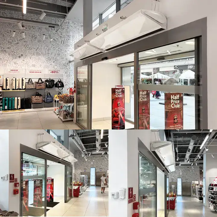 Air curtains for commercial applications or premises, powered by hot water or electric heaters or a non-heated version – ambient air and often used in shopping centres, stores, restaurant, or an airport from Flexiheat UK
